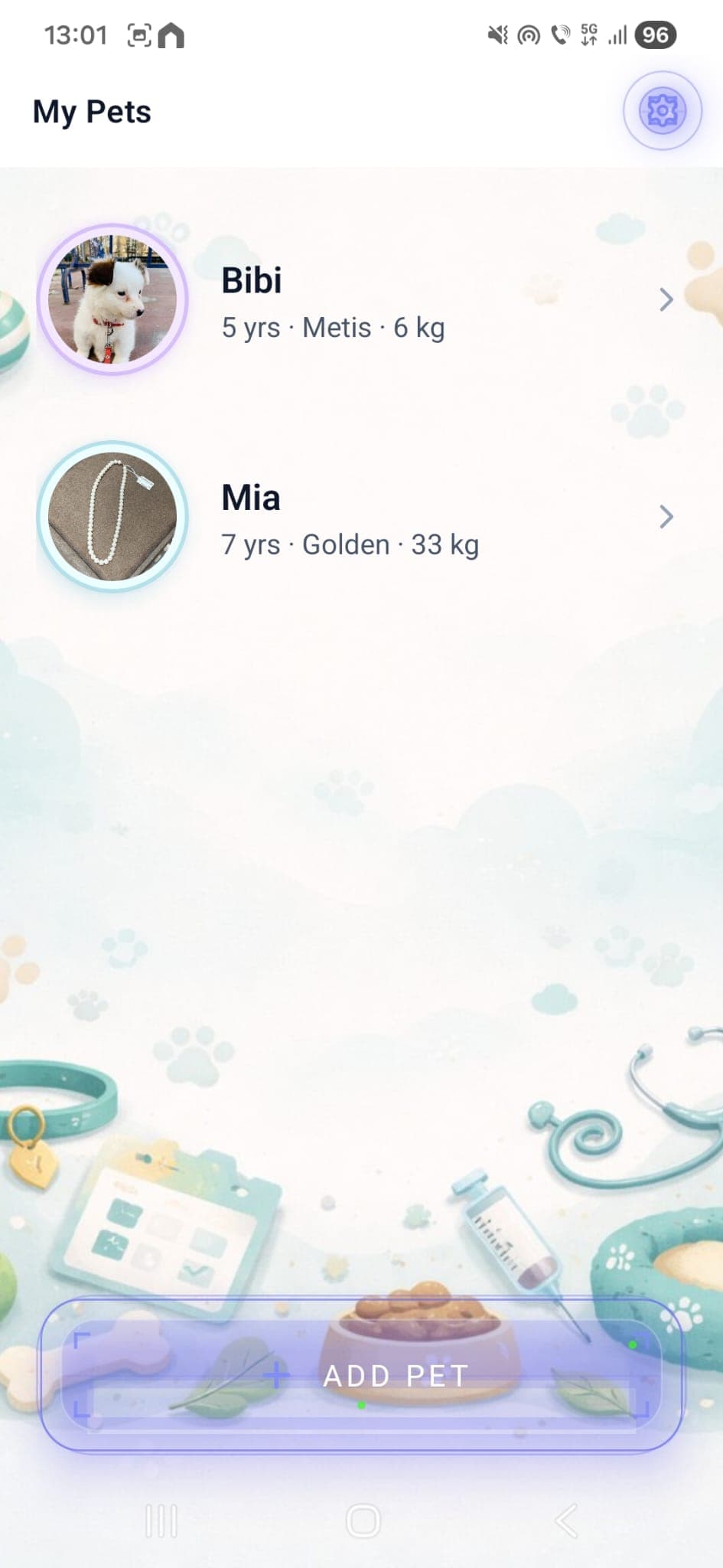 PetVerse app showing the My Pets screen with two pets