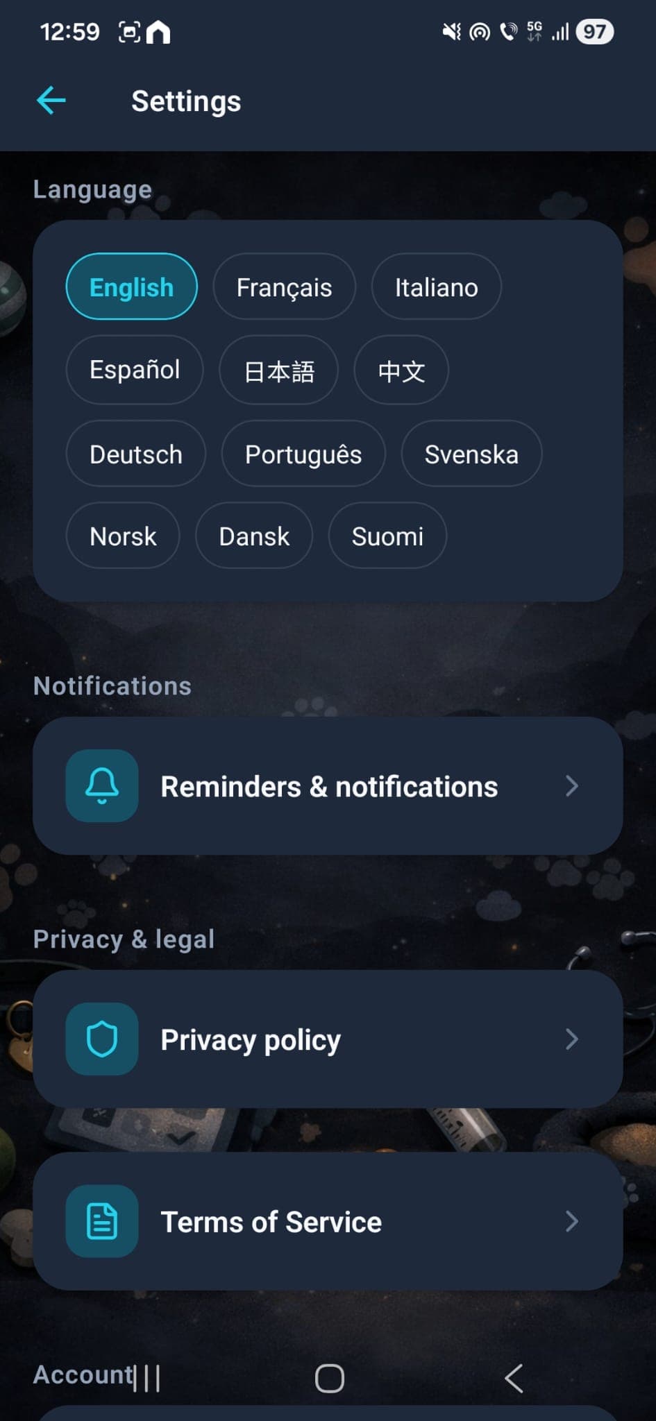 Settings screen with language selection
