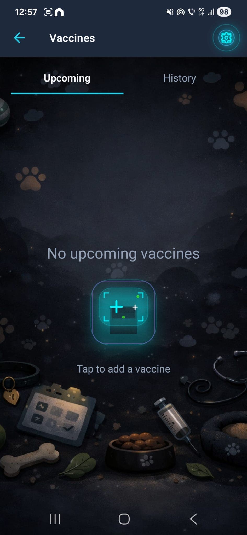 Vaccines screen with upcoming and history tabs