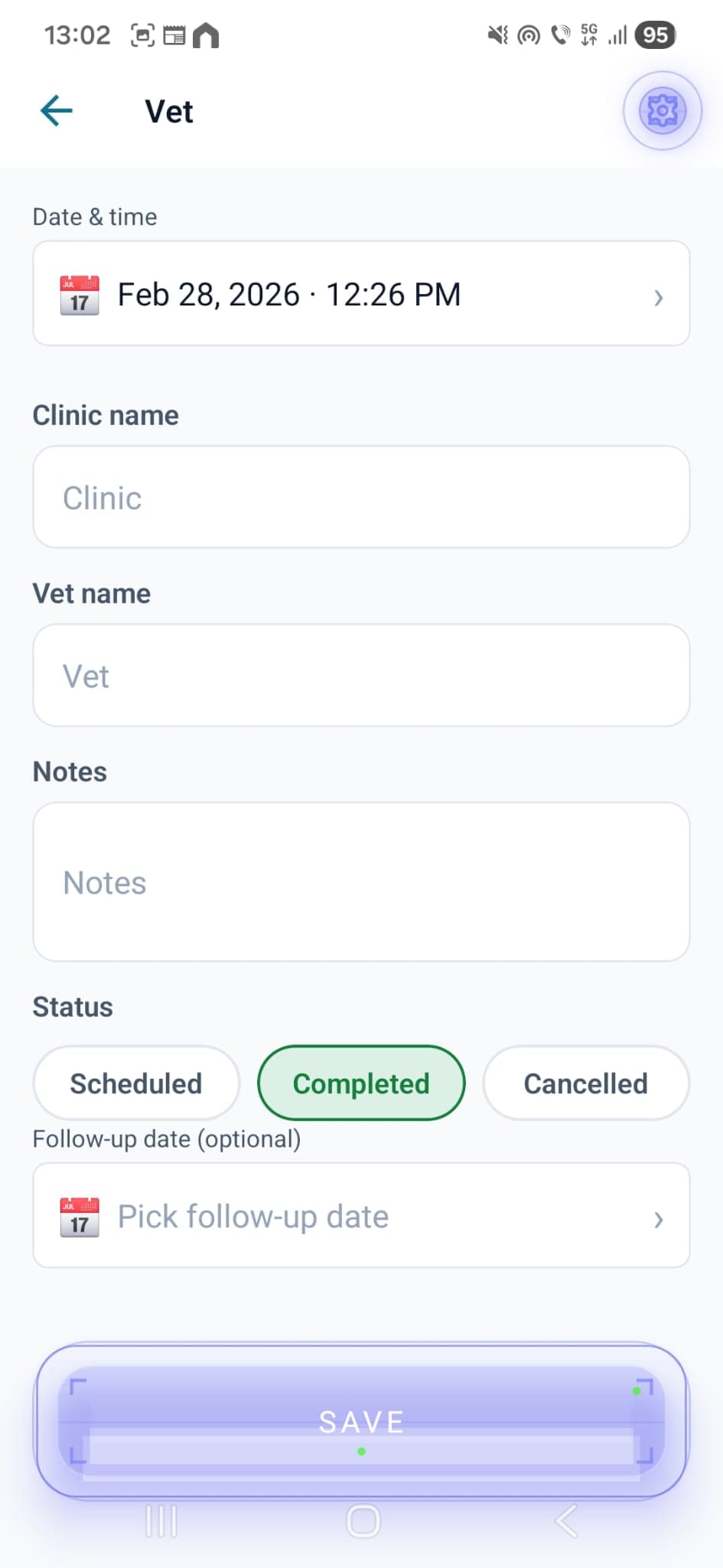 Vet visit detail form with date, clinic, notes and status