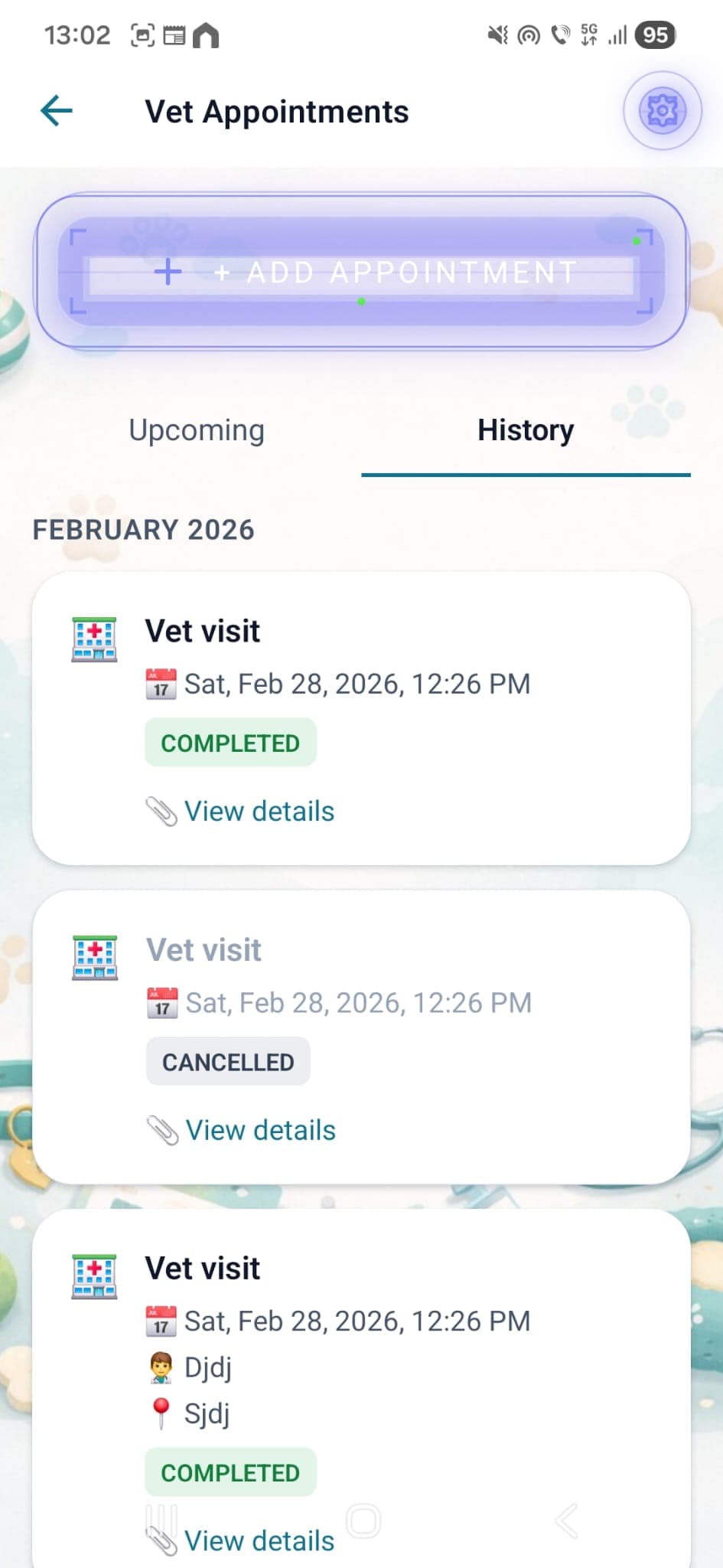 Vet appointments history with completed and cancelled visits